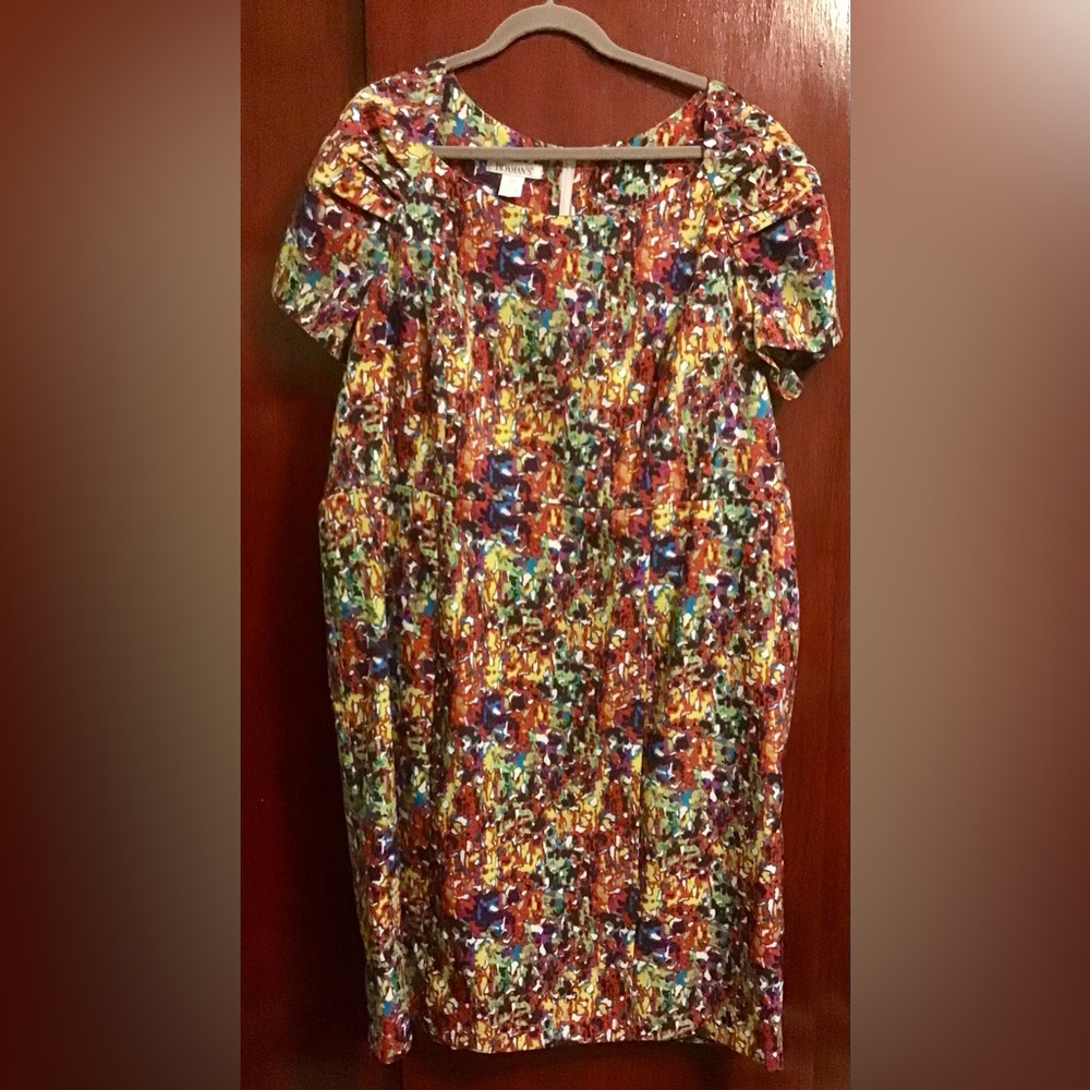 Roamans Women Midi Dress Plus Size Red Abstract Colorful Bright Short Sleeve 24W